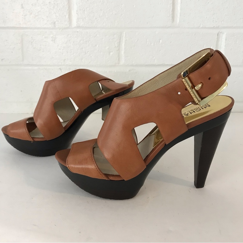 Michael Kors Brown Leather Upper Gold Buckle 3” Black Heels Slingback Size 6